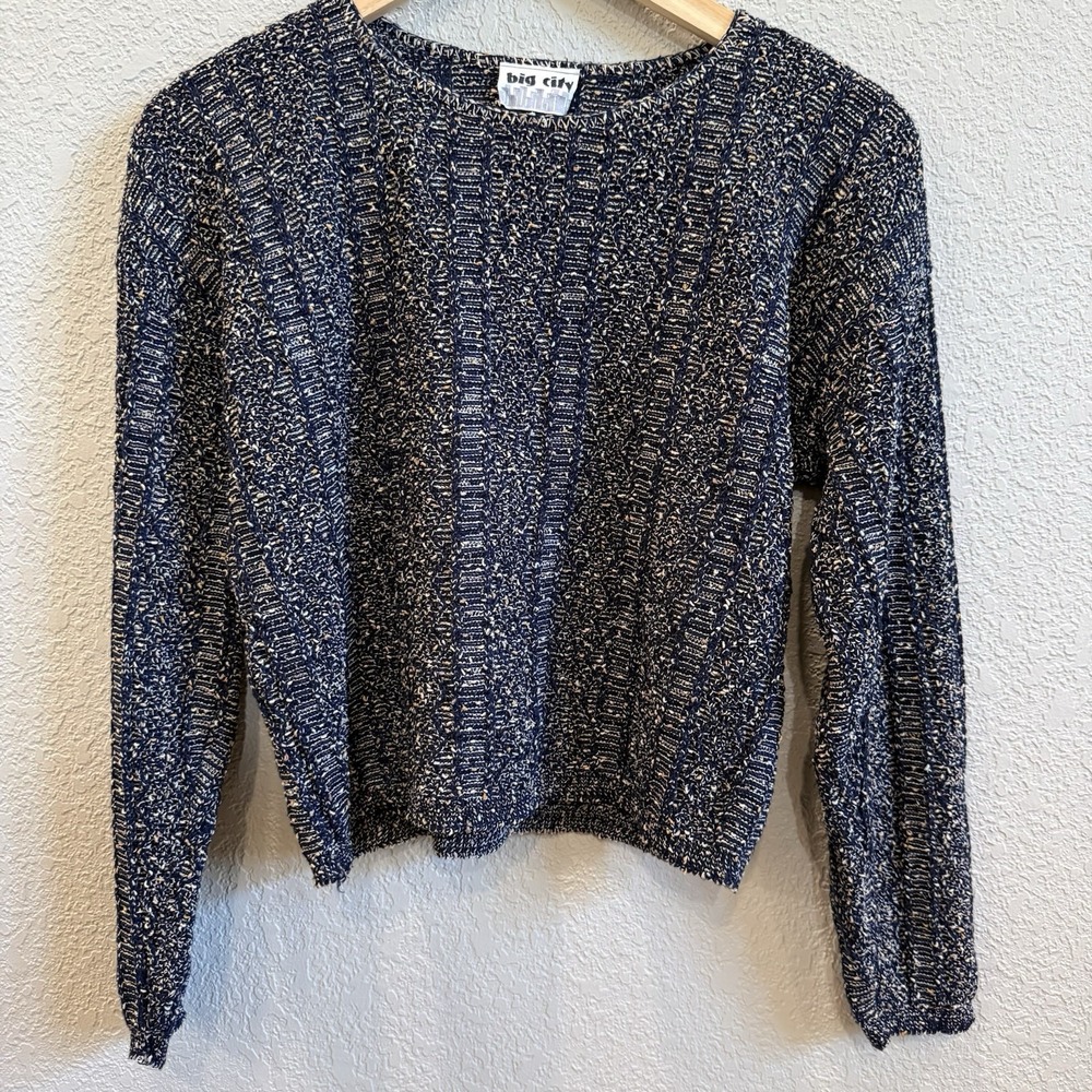 VTG Big City Cropped Marled Cable Knit Sweater Navy Speckled